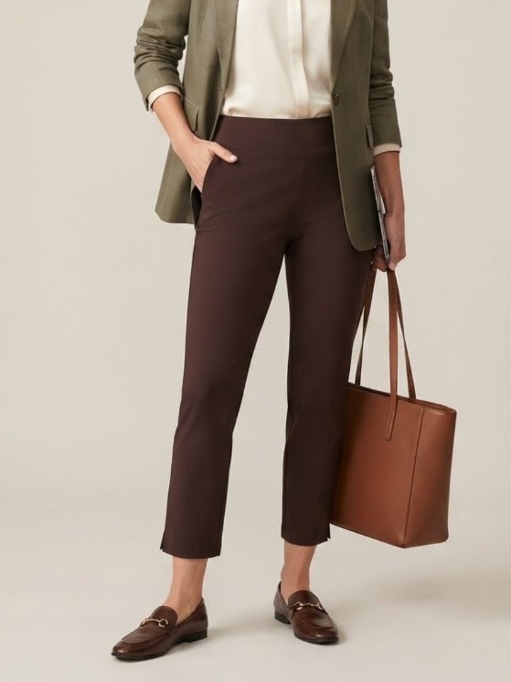 Boston Proper Beyond Travel Knit Chocolate Brown Cropped Pull-On Pants